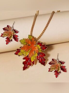 Autumn Leaf Enamel Pendant Necklace & Earrings Set - Gold Tone